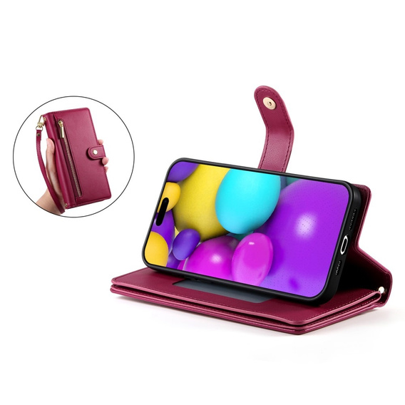 Откидной чехол для iPhone 16 Plus, Wallet Zipper Pocket, красный