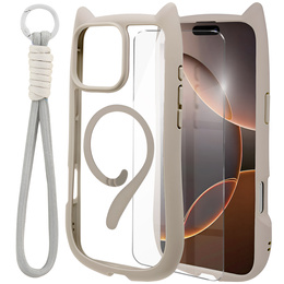 Чехол для iPhone 16 Pro Max, для MagSafe, Cute Cat, серый + стекло для экрана