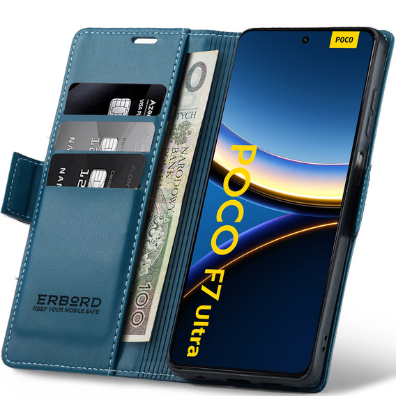 Чохол для Xiaomi Poco F7 Ultra, ERBORD Glossy Litchi, гаманець з клапаном, м'яти