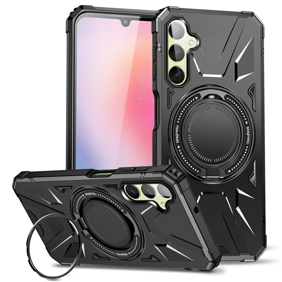 Чехол для Samsung Galaxy A25 5G, бронированный с подставкой и ручкой-планшетом, чёрный + 9H стекло 