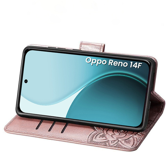 Чохол-скринька для Oppo Reno 14F, гаманець, метелик, рожеве золото