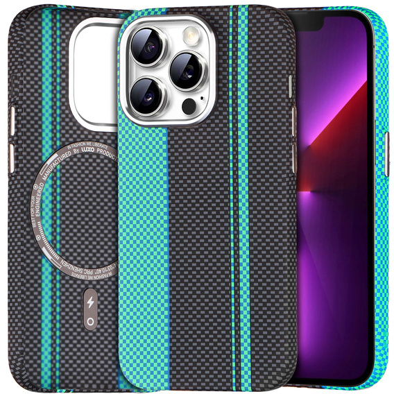 Чохол для iPhone 13 Pro Max, Carbon Fiber MagSafe, чорний / синій