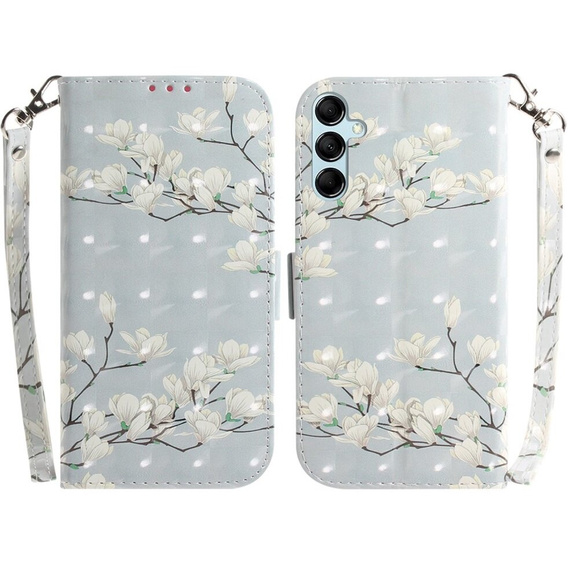 Откидной чехол для Samsung Galaxy A15, Wallet, flowers magnolia, белый + 9H стекло