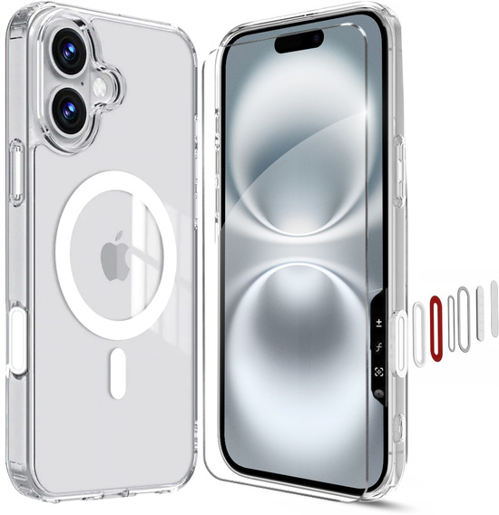 Чохол ERBORD з MagSafe для iPhone 16, з активною кнопкою, прозорий + Скло на екран