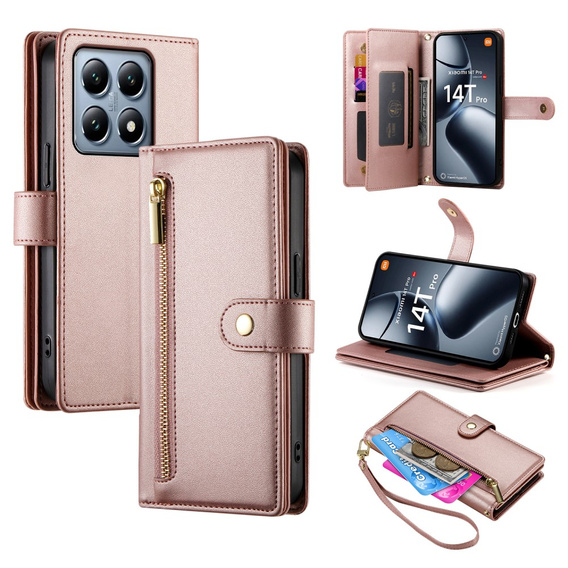 Откидной чехол для Xiaomi 14T Pro, Wallet Zipper Pocket, розовый