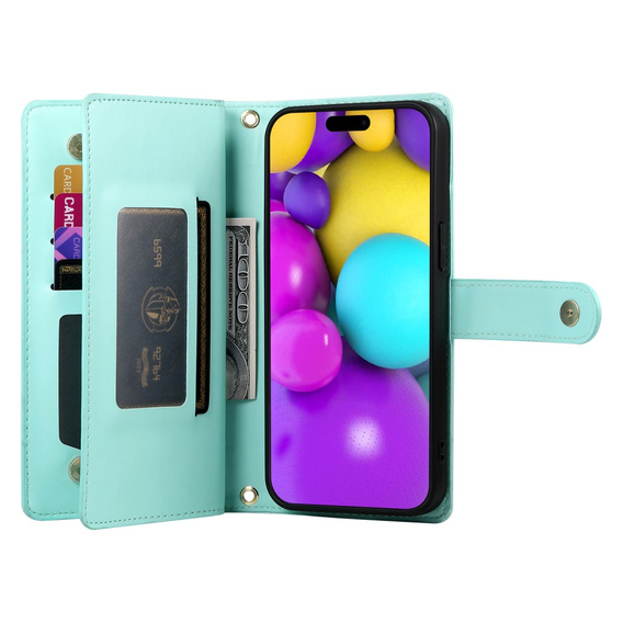 Откидной чехол для iPhone 16, Wallet Zipper Pocket, зелёный