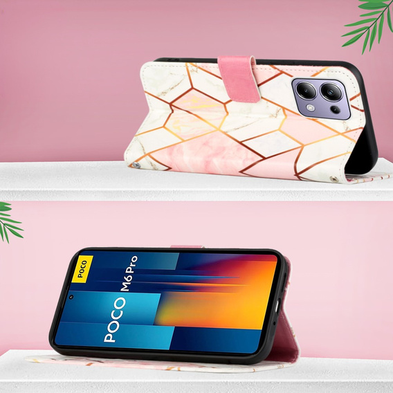 Откидной чехол для Xiaomi Redmi Note 13 Pro 4G / Xiaomi Redmi Note 14S / Xiaomi Poco M6 Pro 4G, Wallet, Marble розовый