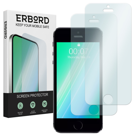 2x Загартоване скло для iPhone 5/5S/5C/SE, ERBORD 9H Hard Glass на екрані