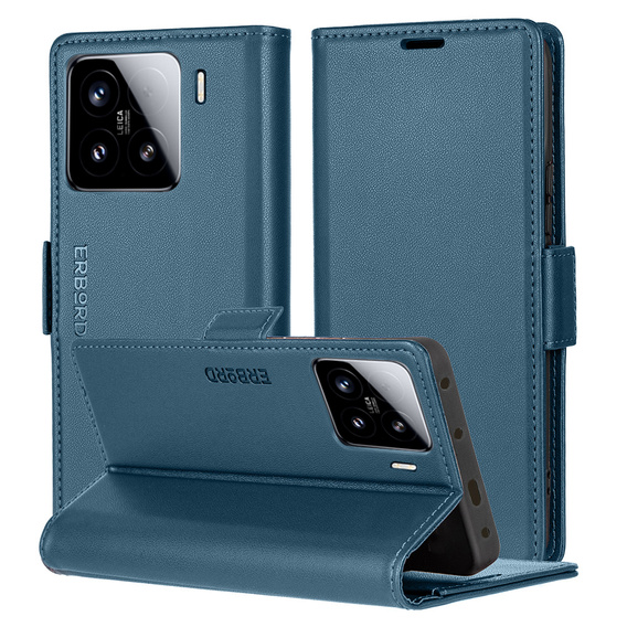 Чехол для Xiaomi 15, ERBORD Glossy Litchi, кошелек с клапаном, синий