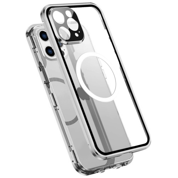 Магнитный чехол с двойным стеклом MagSafe для iPhone 14 Pro, серебряный