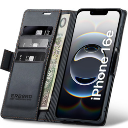 Чохол для Iphone 16E, ERBORD Glossy Litchi, гаманець з клапаном, чорний