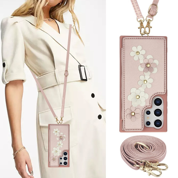 Чехол для Samsung Galaxy S25 Ultra, Leather Flower Card Slot, розовый