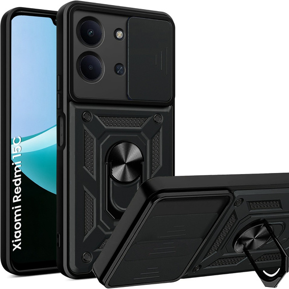 Бронированный чехол для Xiaomi Redmi 15C 4G/LTE, с защитой камеры, с подставкой, черный