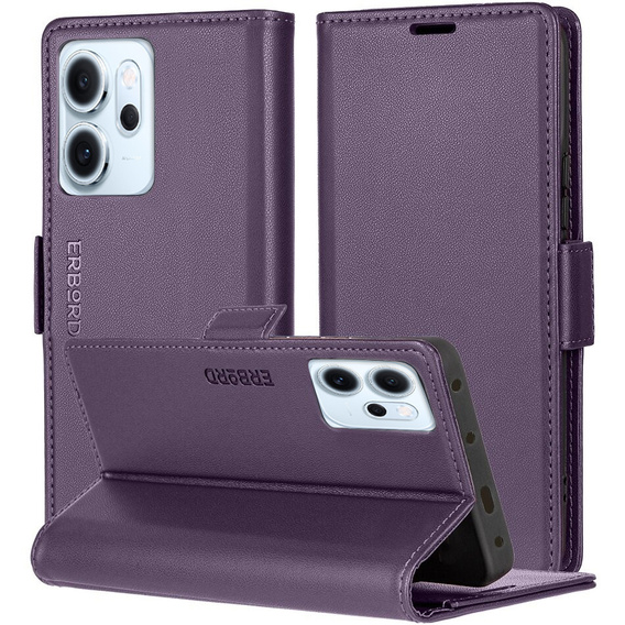 Чохол для Oppo Reno 14 F / 14 FS, ERBORD Glossy Litchi, гаманець з клапаном, фіолетовий