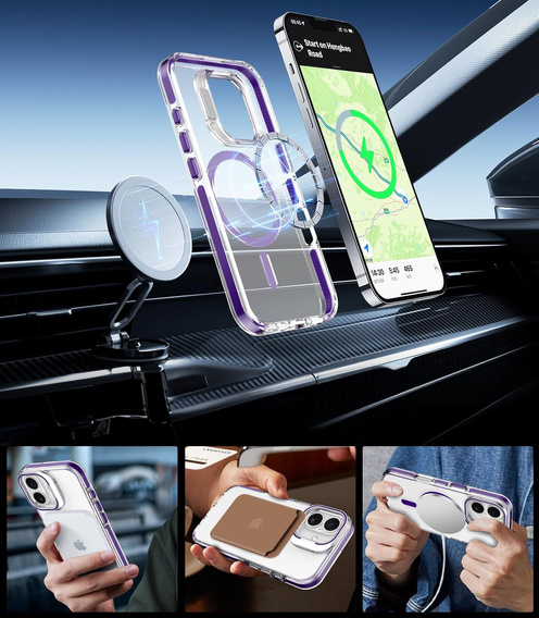 Чехол для iPhone 17, для MagSafe, с подставкой, прозрачный с фиолетовыми вставками