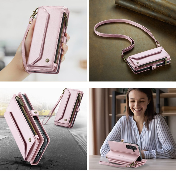 Чехол CASEME для Samsung Galaxy A55 5G, RFID Leather Wallet, с плечевым ремнем, розовый