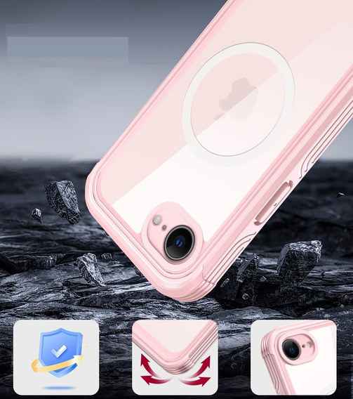 Чехол для iPhone 16E, Shockproof, со стеклом, для MagSafe, розовый