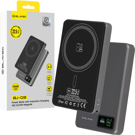 Blavec Power Bank 10000mAh BJ-03 Slim 13.5mm - Type C - 22.5W, MagSafe 3in1 - сірий