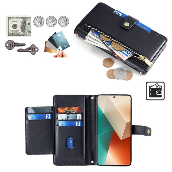 Откидной чехол для Xiaomi Redmi Note 13 5G, Wallet Zipper Pocket, чёрный