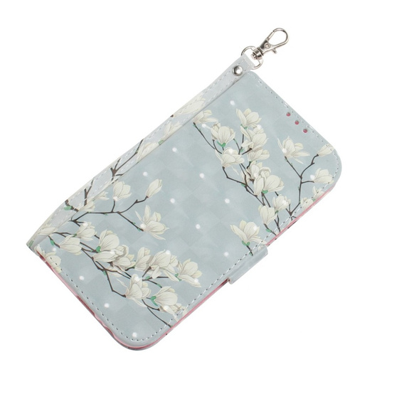 Откидной чехол для Samsung Galaxy A15, Wallet, flowers magnolia, белый + 9H стекло