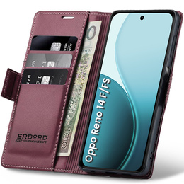 Чохол для Oppo Reno 14 F / 14 FS, ERBORD Glossy Litchi, гаманець з клапаном, червоний