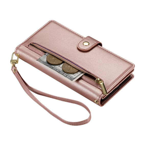 Откидной чехол для iPhone 16 Plus, Wallet Zipper Pocket, розовый