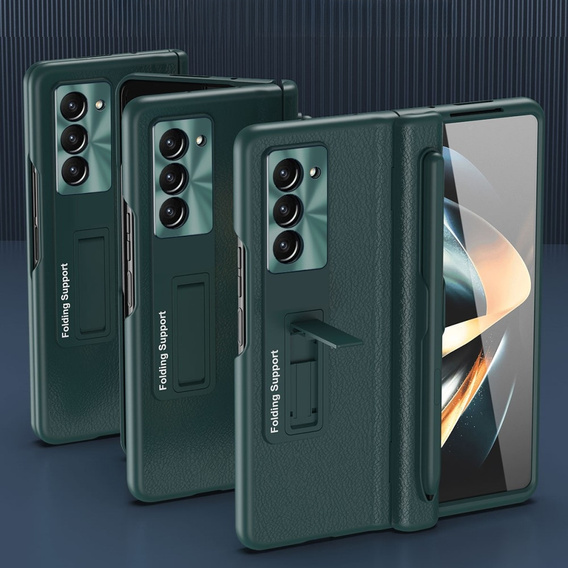 Кожаный чехол для Samsung Galaxy Z Fold5 5G, Kickstand case, с подставкой и стеклом, зеленый