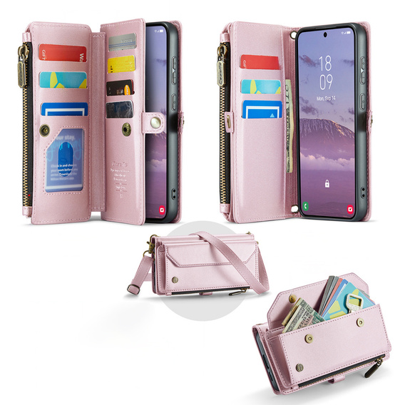 Чехол CASEME для Samsung Galaxy S25 FE, RFID Leather Wallet, с плечевым ремнем, розовый