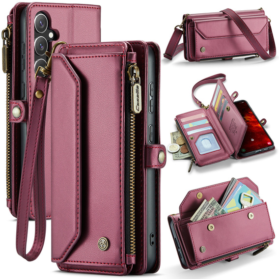 Чехол CASEME для Samsung Galaxy S25 FE, RFID Leather Wallet, с плечевым ремнем, красный