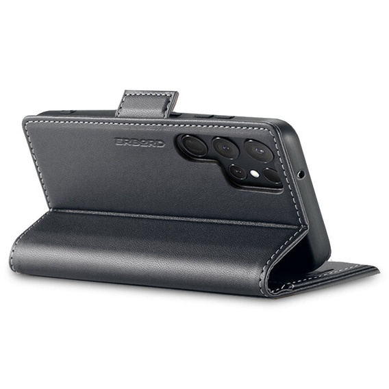 Чохол для Samsung Galaxy S24 Ultra, ERBORD Glossy Litchi, гаманець з клапаном, чорний
