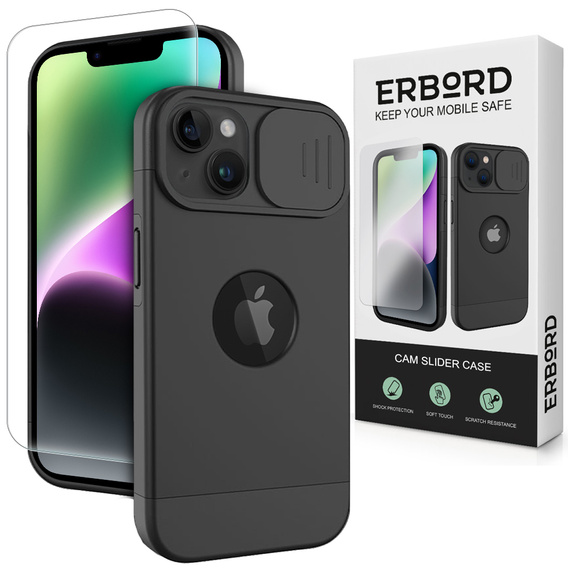 Чохол ERBORD MagSafe Cam Slider, чорний + скло для екрану для iPhone 13 / iPhone 14