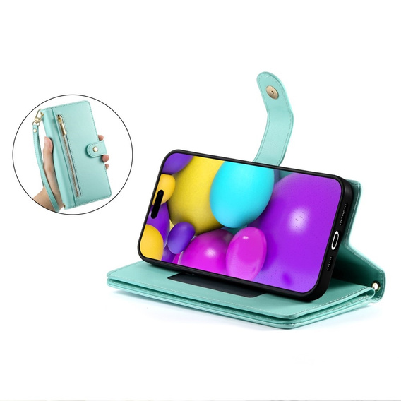 Откидной чехол для iPhone 16 Plus, Wallet Zipper Pocket, зелёный
