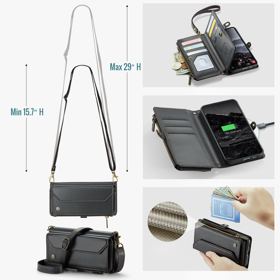 Чехол CASEME для Samsung Galaxy S25 FE, RFID Leather Wallet, с плечевым ремнем, чёрный