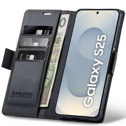 Чохол для Samsung Galaxy S25, ERBORD Glossy Litchi, гаманець з клапаном, чорний