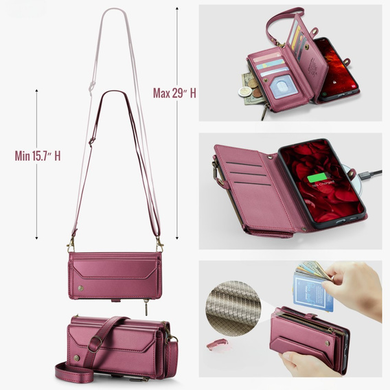 Чехол CASEME для Samsung Galaxy S24 FE, RFID Leather Wallet, с плечевым ремнем, красный