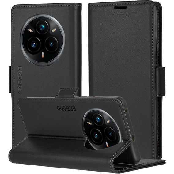 Чехол для Realme 14 Pro+ 5G, ERBORD Glossy Litchi, кошелек с клапаном, чёрный