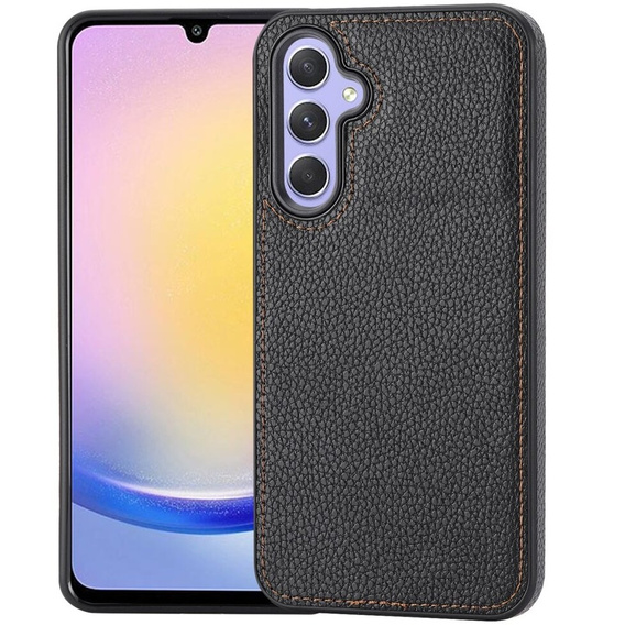 Кожаный чехол для Samsung Galaxy A25 5G, Lychee leather Case, черный + 9H стекло