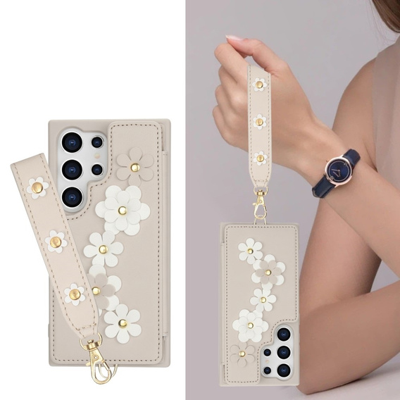 Чехол для Samsung Galaxy S24 Ultra, Leather Flower Card Slot, бежевый
