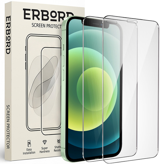 2x Загартоване скло для iPhone 12 Mini, ERBORD 9H Hard Glass на екрані