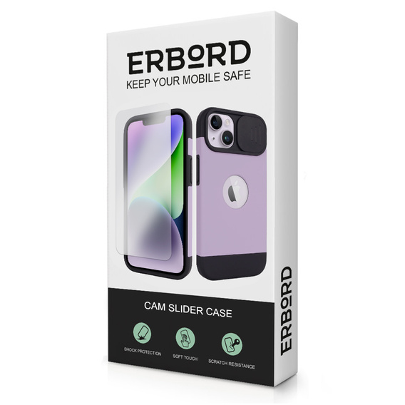 Чохол ERBORD MagSafe Cam Slider, фіолетовий + скло для екрану для iPhone 13 / iPhone 14