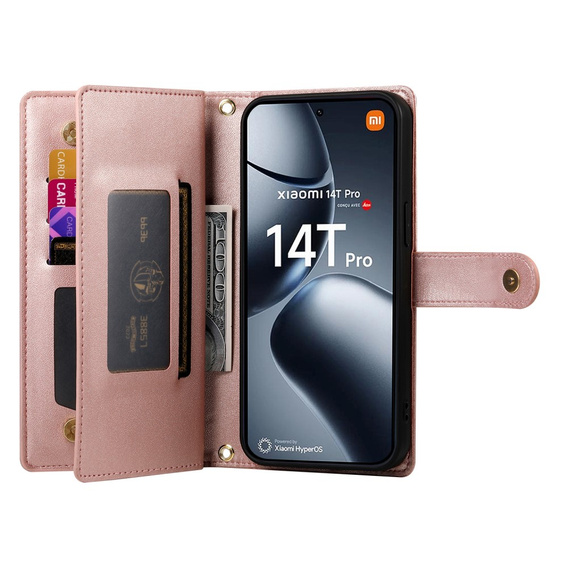 Откидной чехол для Xiaomi 14T Pro, Wallet Zipper Pocket, розовый