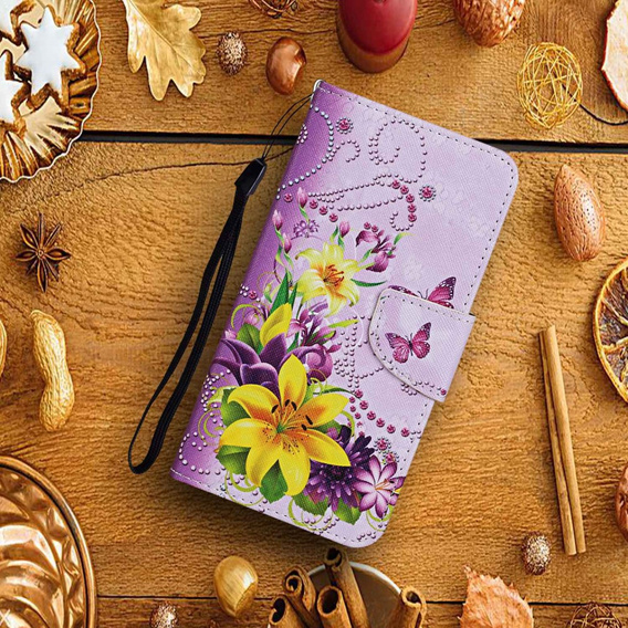 Откидной чехол для Xiaomi Redmi 13C / Poco C65, Wallet, Flowers and Butterflies, фиолетовый