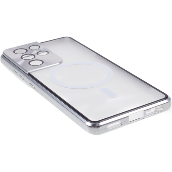 Магнитный чехол с двойным стеклом MagSafe для Samsung Galaxy S21 Ultra, серебряный