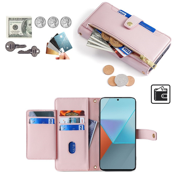 Откидной чехол для Xiaomi Redmi Note 13 Pro 5G, Wallet Zipper Pocket, розовый
