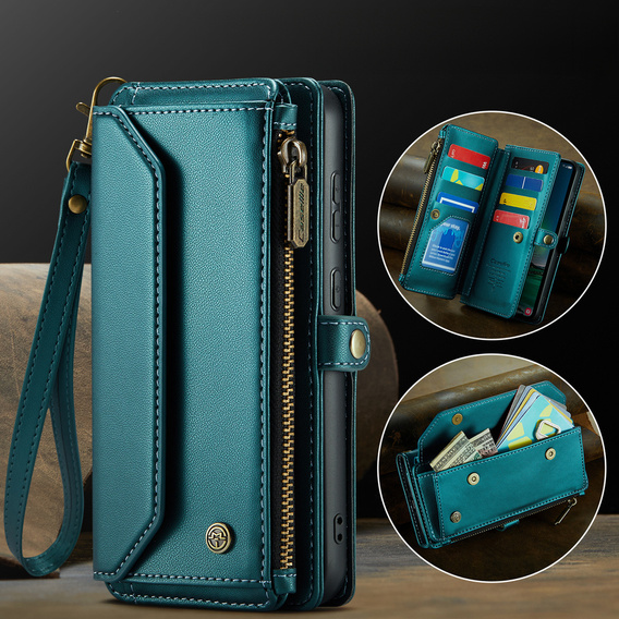 Чехол CASEME для Samsung Galaxy S25 FE, RFID Leather Wallet, с плечевым ремнем, зелёный