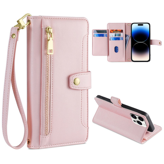 Откидной чехол для iPhone 14 Pro Max, Wallet Zipper Pocket, розовый