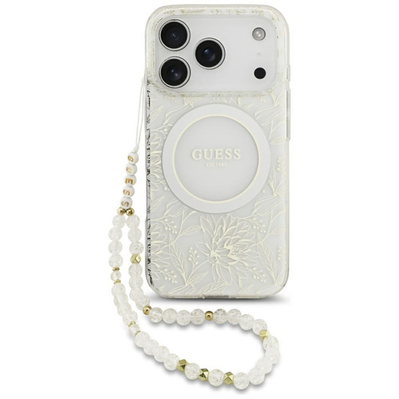 Чехол Guess IML Flowers Electroplated Allover With Beads Strap, для MagSafe, с ремешком для iPhone 17 Pro