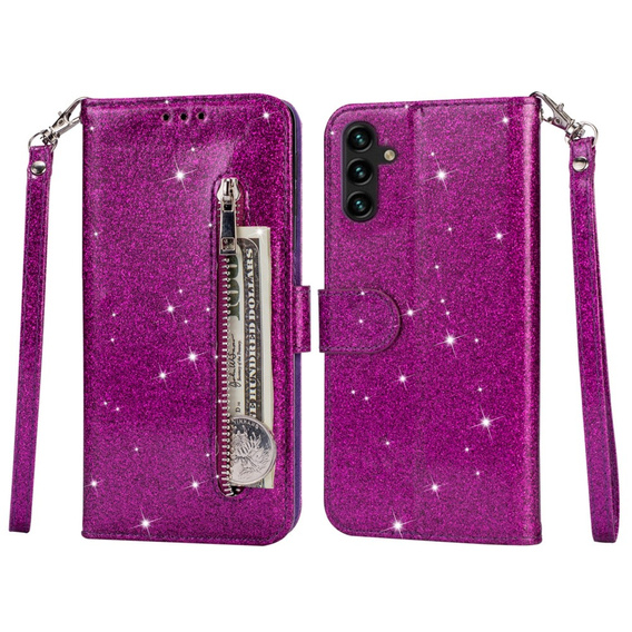 Откидной чехол для Samsung Galaxy A55, Wallet Zipper Pocket Glittery, фиолетовый