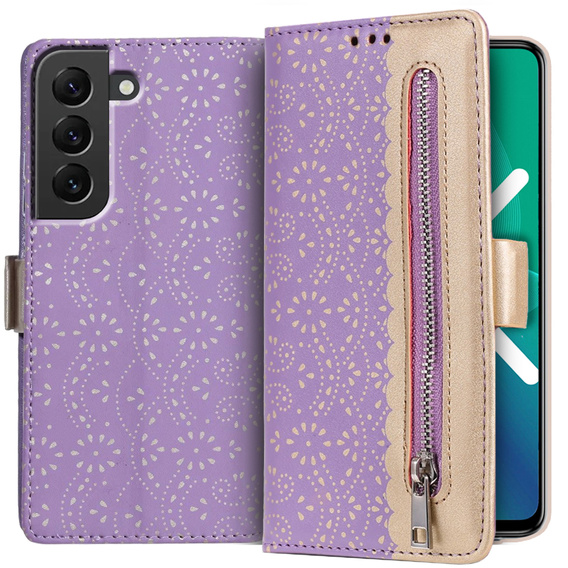 Чохол-кришка для Samsung Galaxy S22+ Plus 5G, Wallet Pocket Zipper Lace, фіолетовий