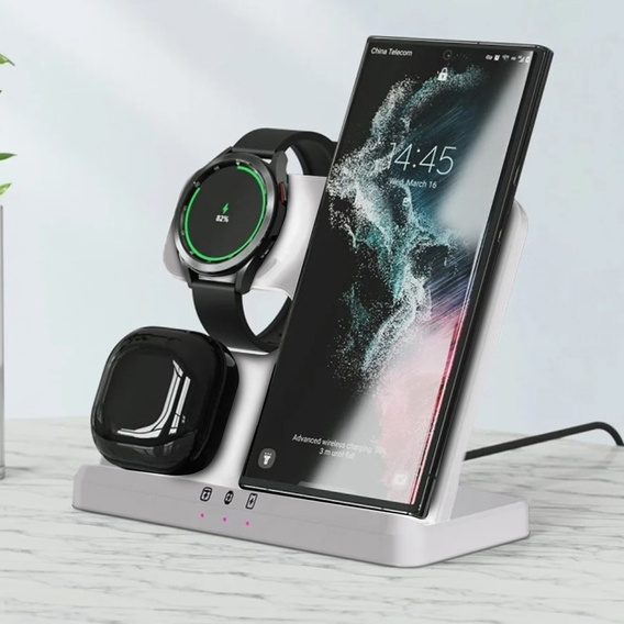 Бездротовий індукційний зарядний пристрій 3в1 QI, швидкий, для Samsung S25, S24, S23, Galaxy Watch Buds, станція, білий